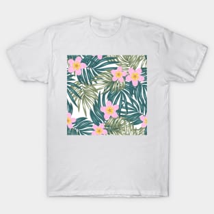 Tropical Leaves & Pink Flowers, T-Shirt